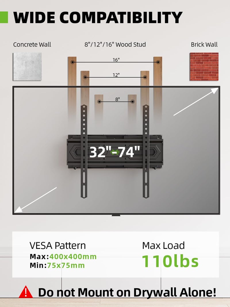 USX MOUNT TV Wall Mount for 32-74 inch Flat Screen/LED/4K up to 110lbs, Full Motion TV Mount Bracket with Swivel & Tilt Articulating Dual Arms, Max VESA 400x400mm, Fits 12/16" Wood Studs - Image 2